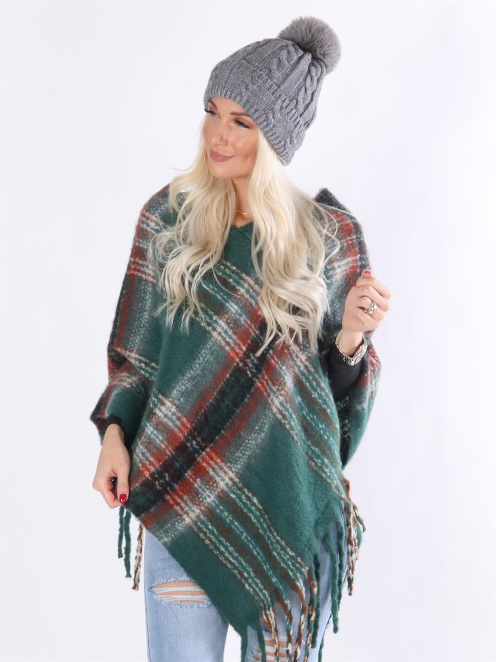 Rosalie - Blød beigefarvet ternet poncho